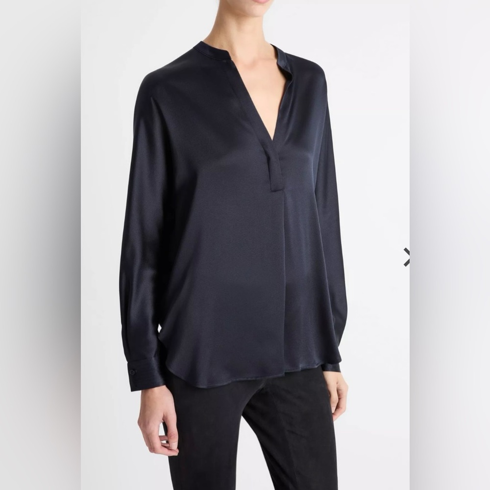 Vince Silk Satin Band Collar Blouse